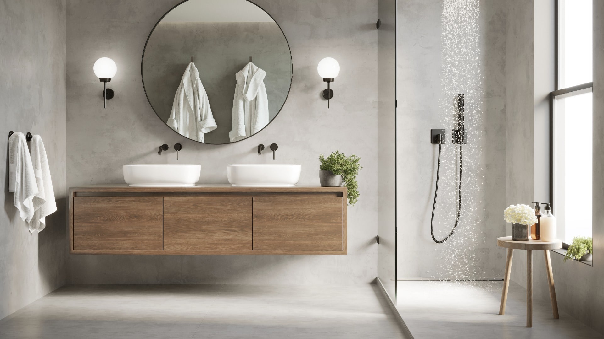 Modernes, zeitgenössisches Badezimmer aus grauem Beton mit rundem Spiegel und Dusche in 3D