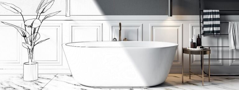 Skizze eines modernen grauen und marmornen Badezimmerinterieurs mit verschiedenen Objekten