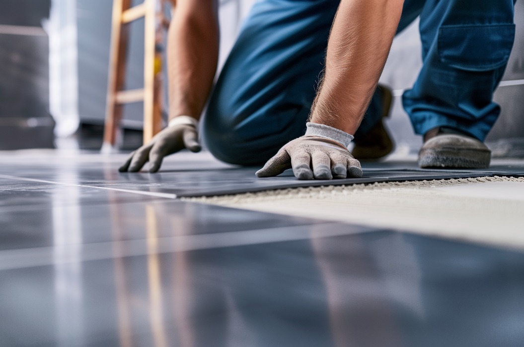 Fliesenleger verlegt Bodenplatten im Badezimmer