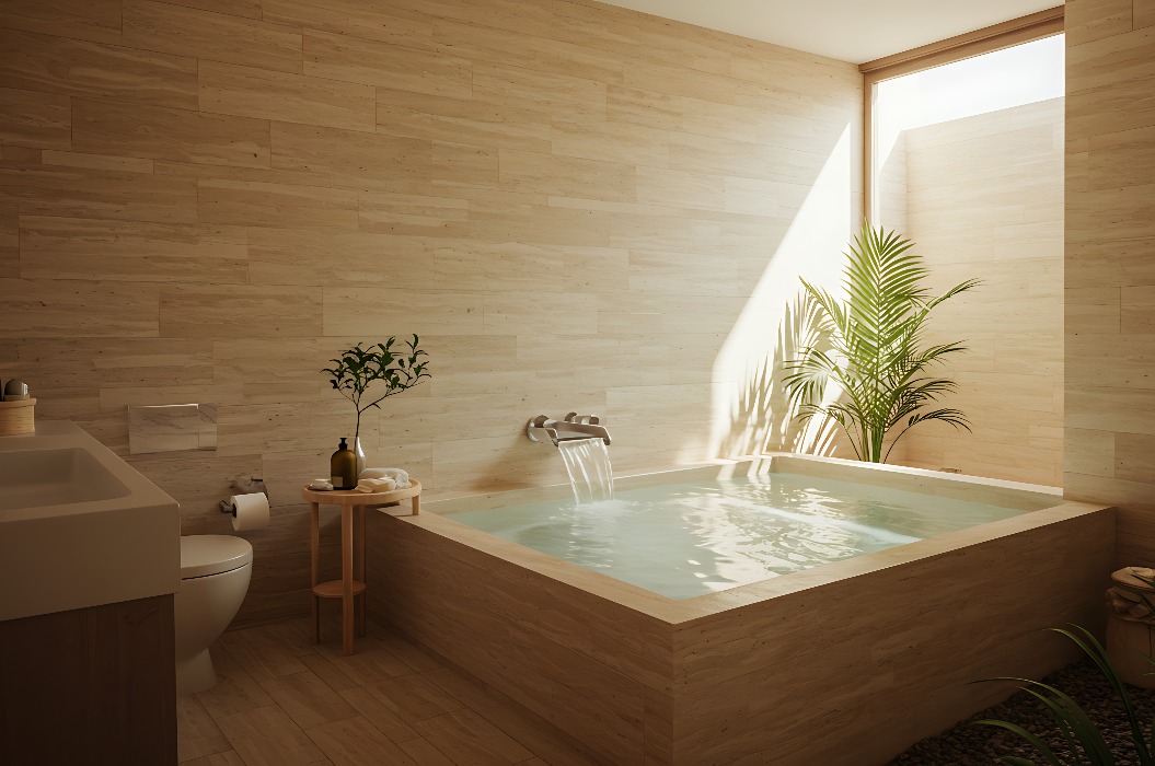Spa-ähnliches Badezimmer mit Whirlpool und natürlichem Licht